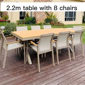 야외 테이블 세트 테라스 정원 소파 정원 테라스 플라스틱 나무 테이블과 의자 세트 알루미늄 안뜰 빌라 방수 자외선 차단제 야외 레저 가구, 2.2m 테이블 세트 b